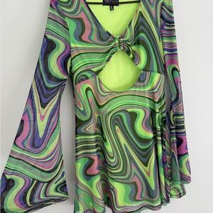 Psychedelic 70s Bell Sleeve Dress | Neon Retro Statement